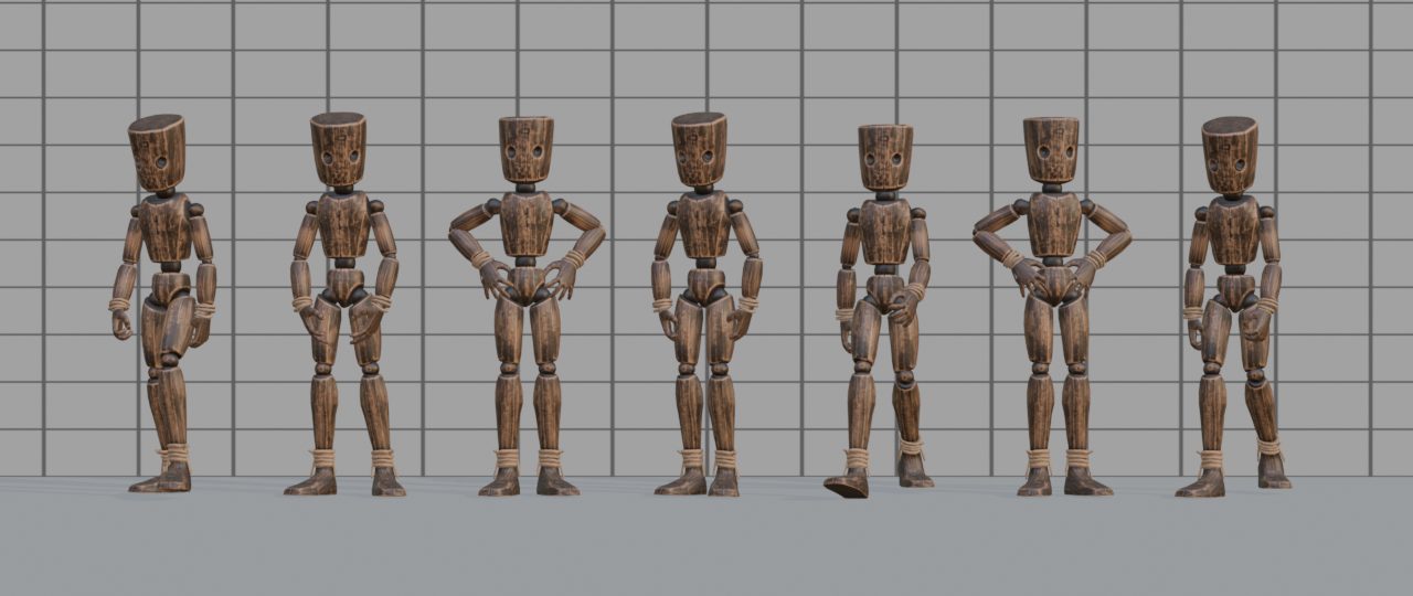 Seven mannequins, some walking and some standing, each in a different state