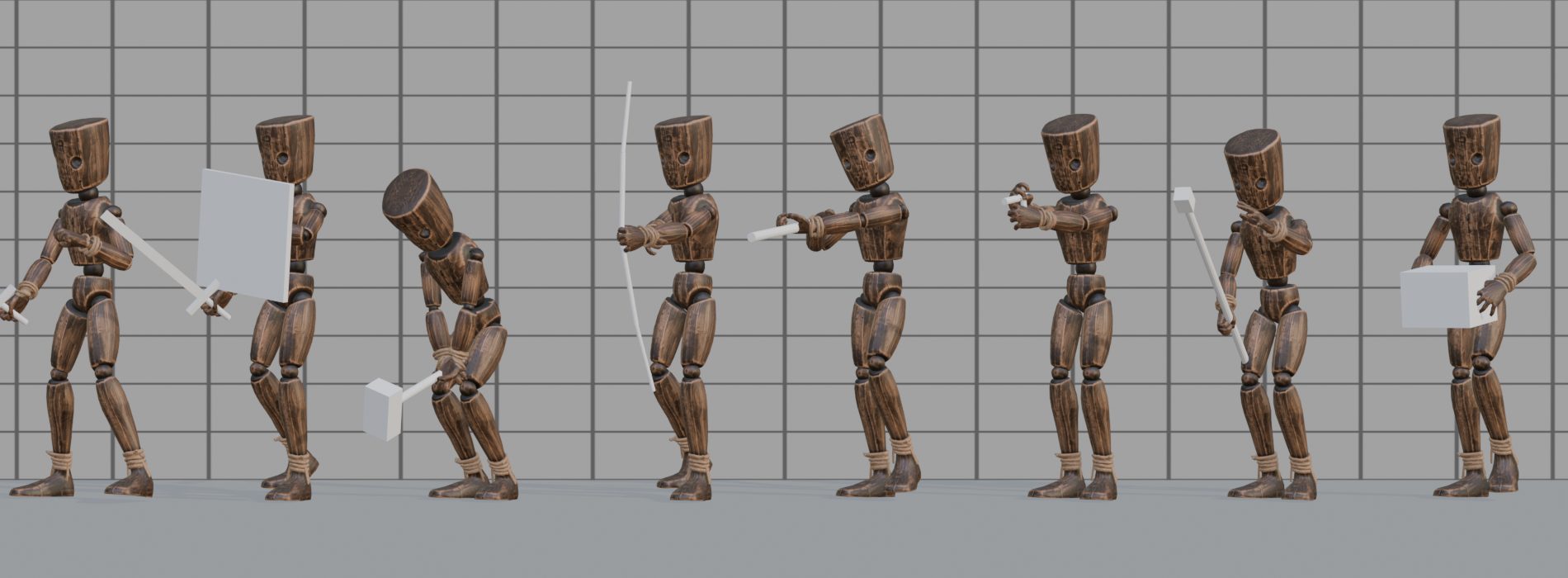 Eight mannequins holding a sword, a sword and shield, a warhammer, a bow, a rifle, a pistol, a staff and a box