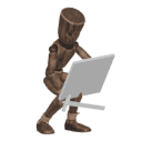 Crouches in cover - with a sword and shield