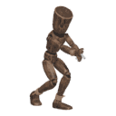 Walks crouched - with a pistol