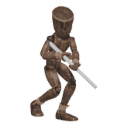 Walks crouched - with a rifle