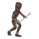 Walks crouched - with a staff