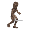 Walks crouched - with a sword