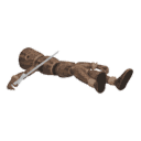 Dies - falls back, with a sword