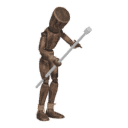 Gets hit - from behind, with a staff