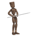 Gets hit - from the front, with a spear