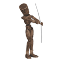 Gets hit - from the left, with a bow