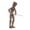 Gets hit - from the right, with a spear