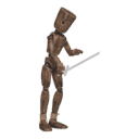 Gets hit - from the right, with a sword