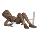 Gets knocked down - with a pickaxe