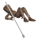 Gets knocked down - with a staff