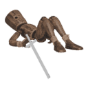 Gets knocked down - with a sword