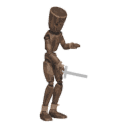 Holds a sword at guard