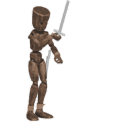 Sheathes a sword