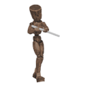 Walks backward with a rifle
