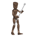 Walks backward - with a staff