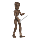 Walks backward - with a sword