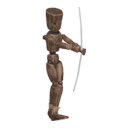 Walks diagonally - back-left, with a bow