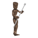 Walks diagonally - back-left, with a staff