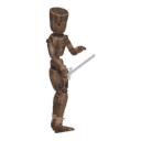Walks diagonally - back-left, with a sword
