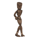 Walks diagonally - back-right, with hands tied