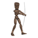 Walks diagonally - back-right, with a bow