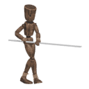 Walks diagonally - back-right, with a spear