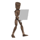 Walks diagonally - back-right, with a sword and shield