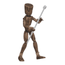 Walks diagonally - back-right, with a staff
