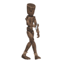 Walks diagonally - forward-left, with a flashlight