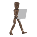 Walks diagonally - forward-left, with a sword and shield