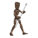 Walks diagonally - forward-left, with a staff