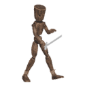Walks diagonally - forward-left, with a sword