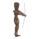 Walks diagonally - forward-right, with a bow