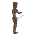Walks diagonally - forward-right, with a sword