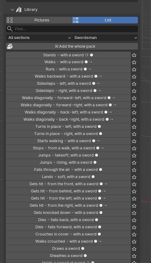 Library section in the List view: the Swordsman kit as a compact list with favourite stars
